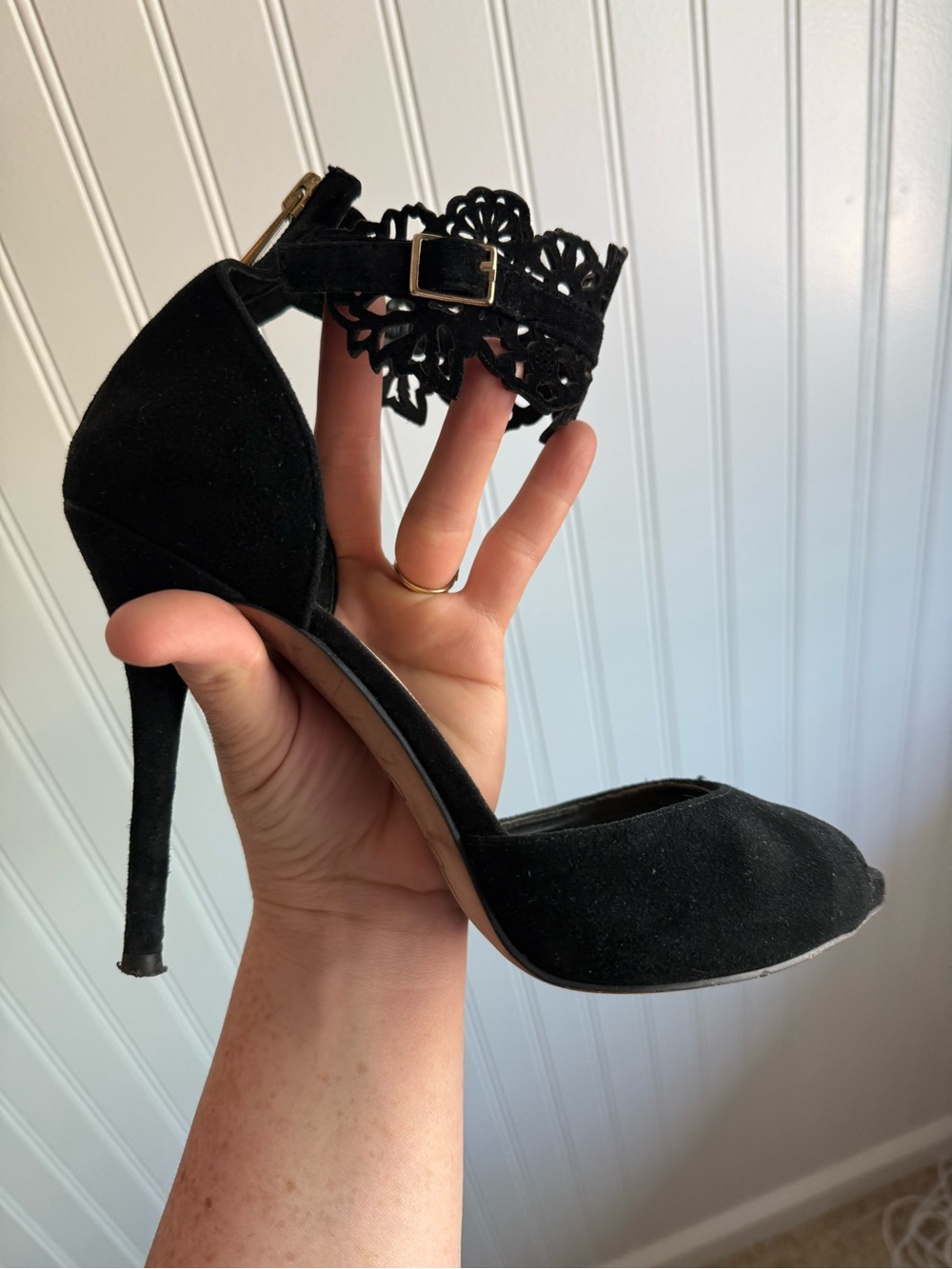 Jessica Simpson Black Suede Cutout Ankle-Strap Stiletto